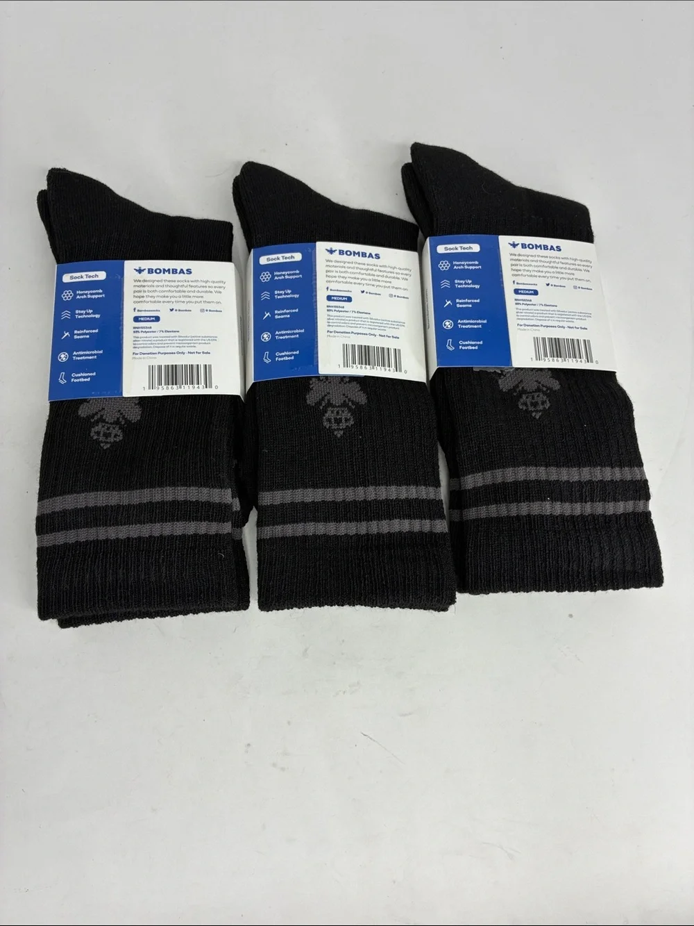 New 3 Pairs of BOMBAS Crew Socks Med. Men's US Shoe Size 6-9 Lot Honeycomb Arch